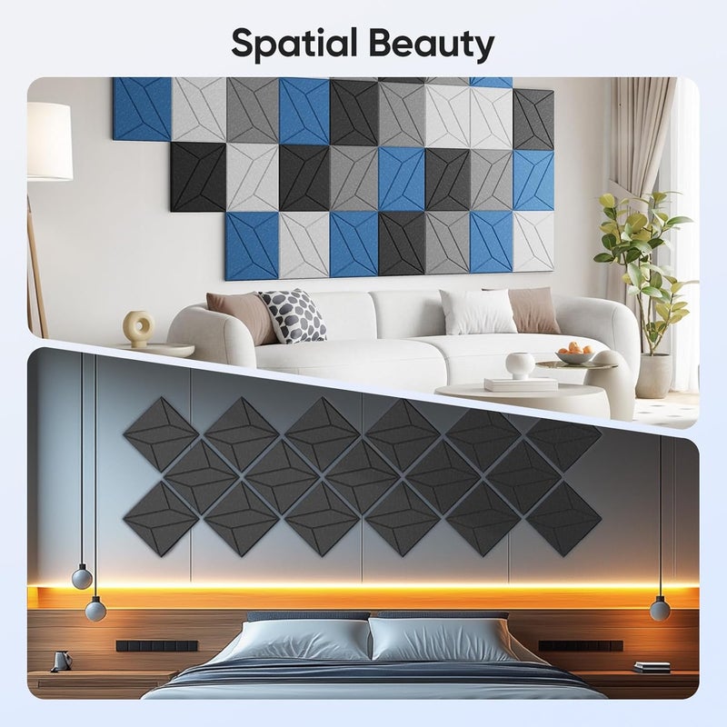 UNECHO Store 12 عبوة 12" × 12" × 0.4" ألواح صوتية لامتصاص الصوت للجدران، ألواح صوتية مربعة ذاتية اللصق بخطوط P، كثافة عالية مناسبة لمجموعة متنوعة من السيناريوهات (أسود) - Image 5